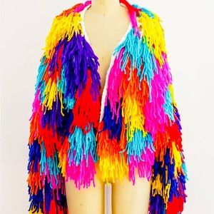 Brand New! Multi Color Fringe Shaggy Sweater (Block Pattern/Latch Hook Design)